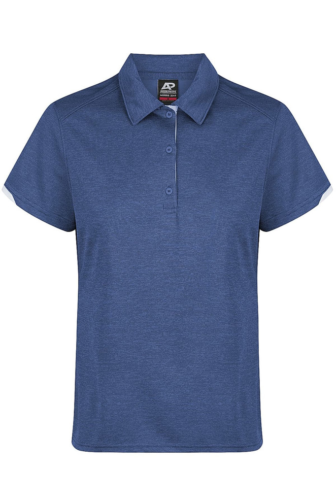 A navy blue polo shirt with short sleeves and a collar, featuring contrasting accents and a branding logo.
