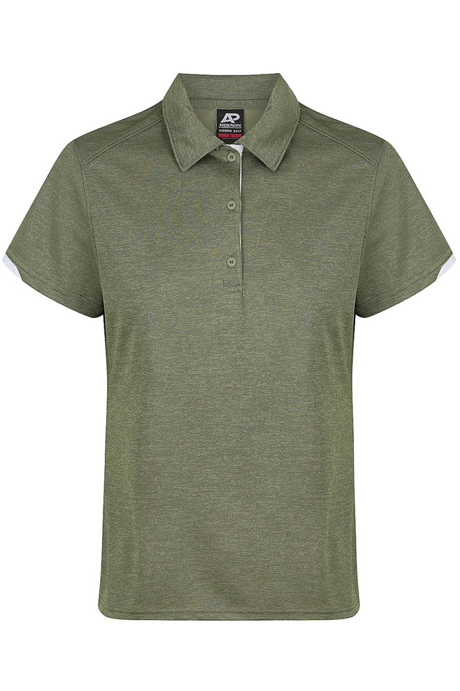A green polo shirt with short sleeves and a collar, featuring a logo on the chest.