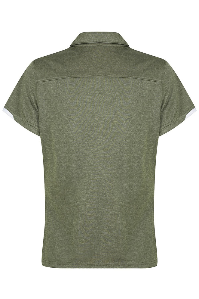 A green polo shirt with a collar and short sleeves, featuring a logo on the back.