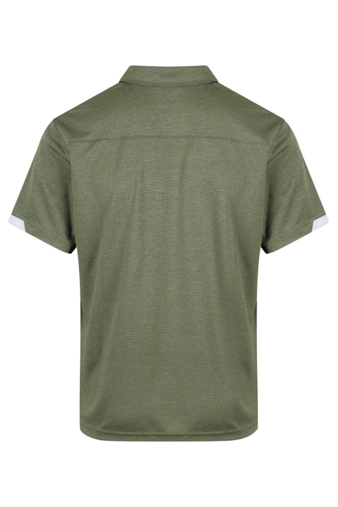 A green men's polo shirt with a collar and short sleeves, featuring a back view and sleeves in a contrasting colour.