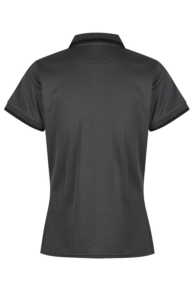 A women's polo shirt in charcoal grey with a collar and short sleeves. It features a logo on the back.