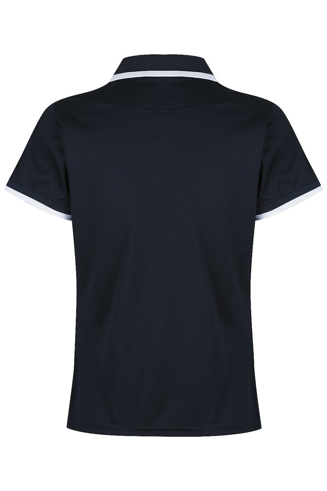 A navy polo shirt with a collar and contrasting white accents, featuring a branding logo.