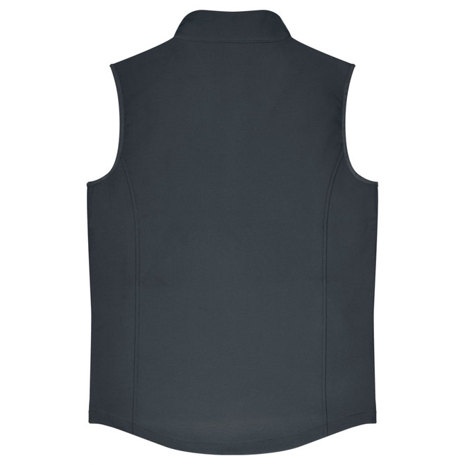 A dark charcoal men's vest with a high collar and no sleeves, featuring a logo on the back.