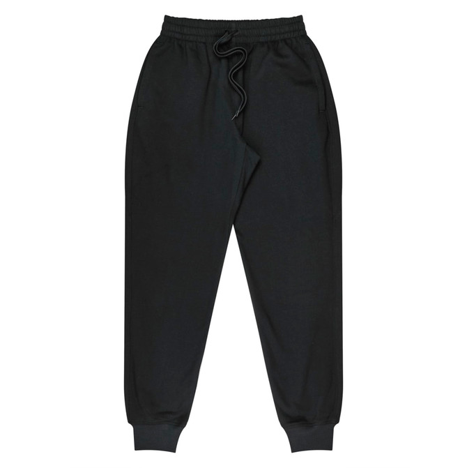 Black tapered fleece kids pants with an elastic waistband and drawstring, featuring side pockets.