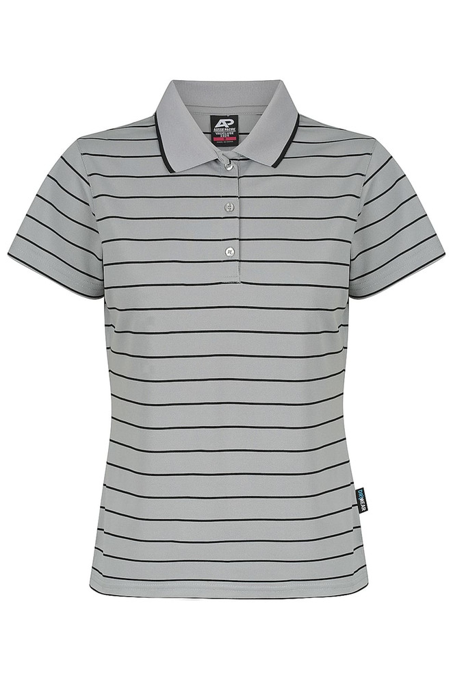 A grey polo shirt with horizontal stripes, a collar, and a logo on the chest. Features short sleeves and buttons.
