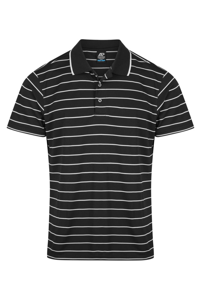 A black and white striped polo shirt with a collar, featuring a logo on the chest.