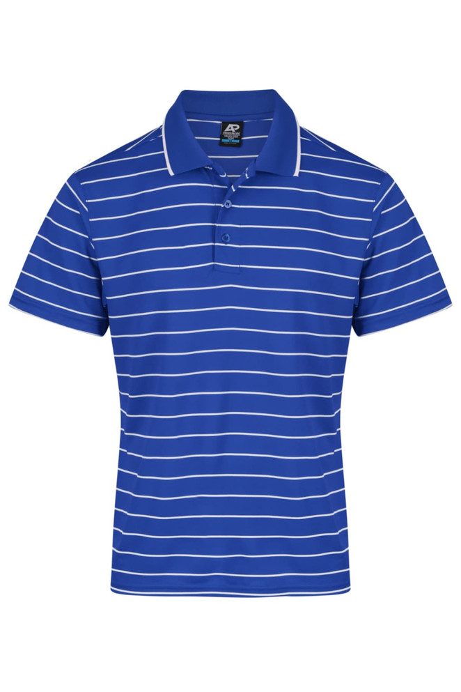 A blue and white striped polo shirt featuring a branded logo on the chest.