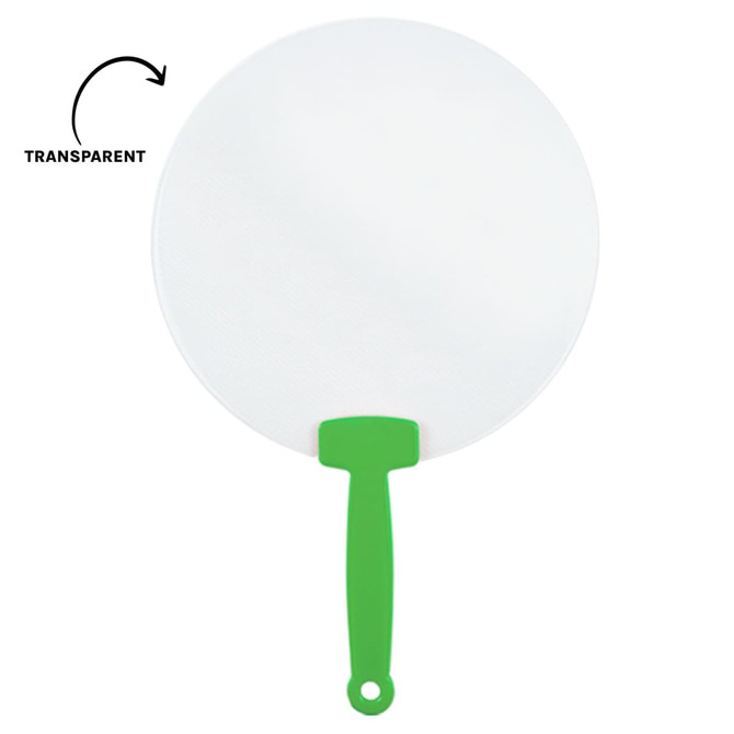 A round, transparent fan with a green handle, suitable for promotional use.