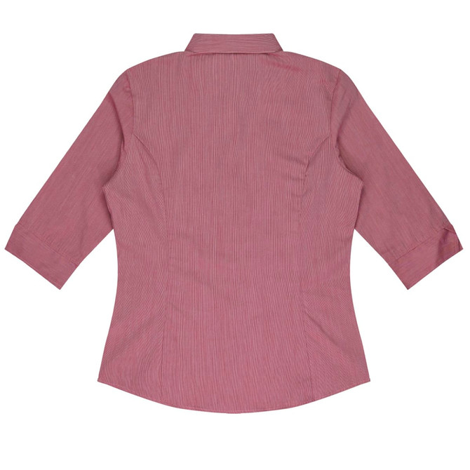 A maroon button-up shirt with 3/4 sleeves and a back view design, featuring a subtle texture. It has a logo.