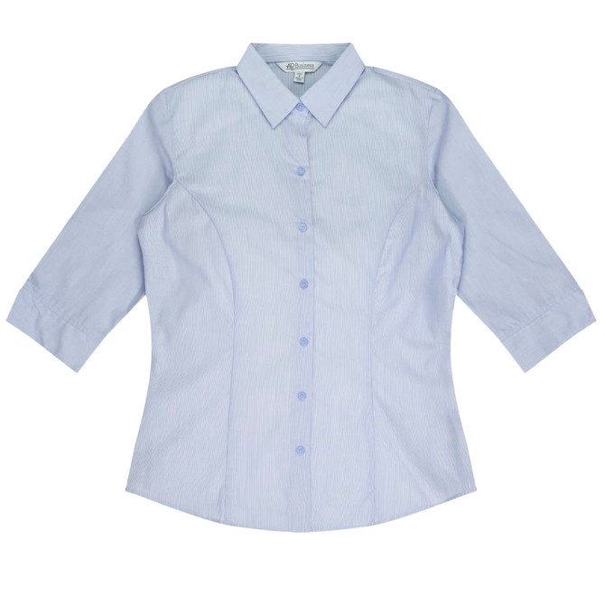 A light blue button-up shirt with 3/4 sleeves and a fitted design, featuring a small logo.