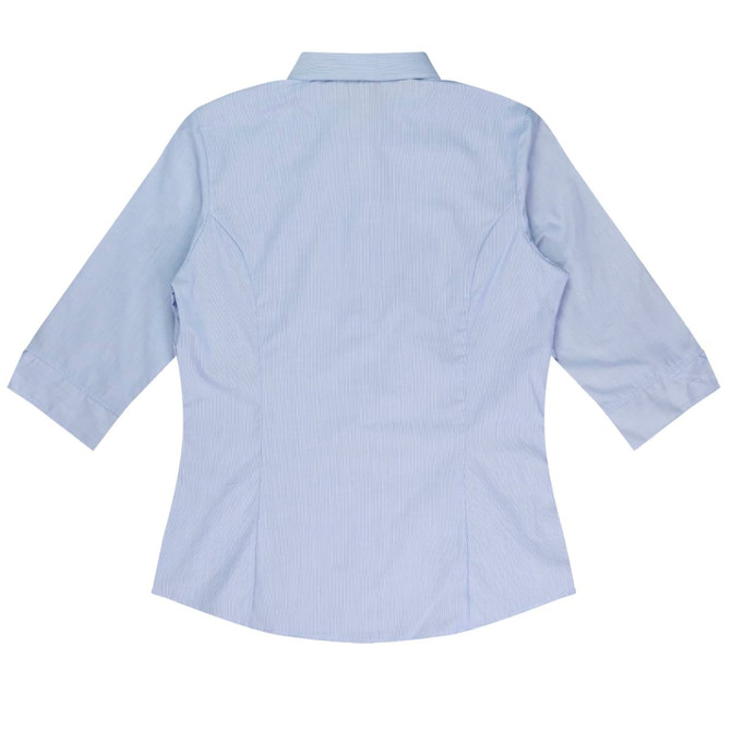 A light blue button-up shirt with 3/4 sleeves featuring a back design and a logo on the label.