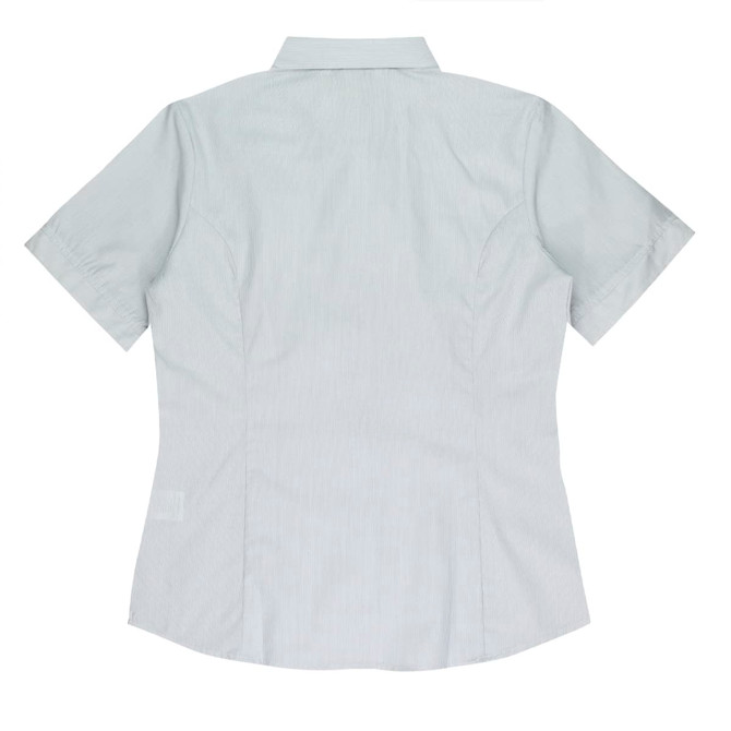 A short-sleeve button-up shirt in a light grey shade, featuring a back view and a subtle logo.