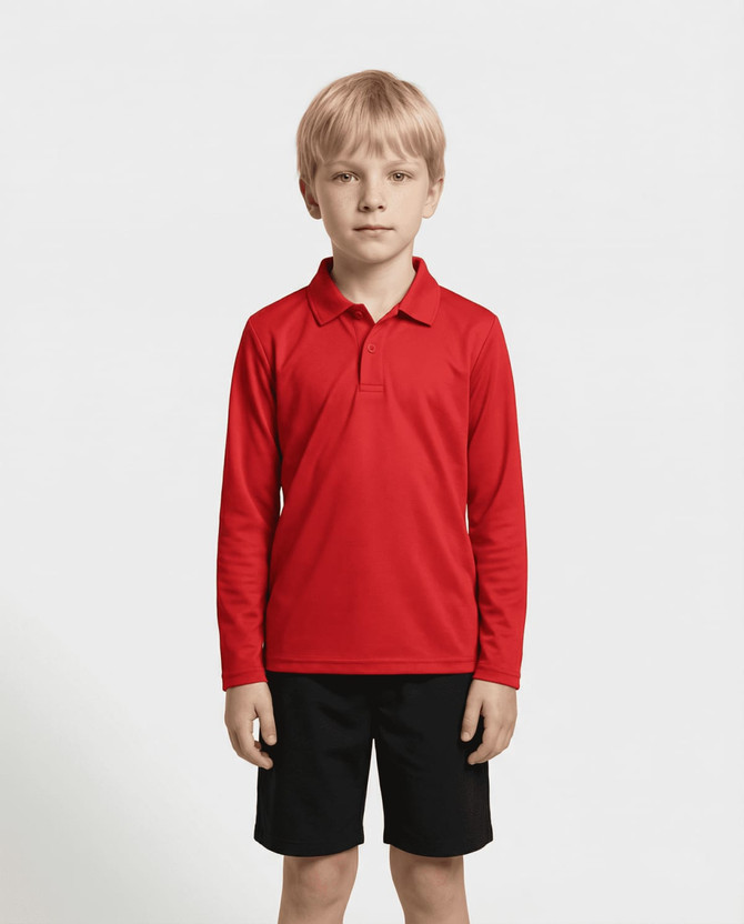 A boy wearing a bright red long-sleeve polo shirt with a black bottom, against a plain white background.