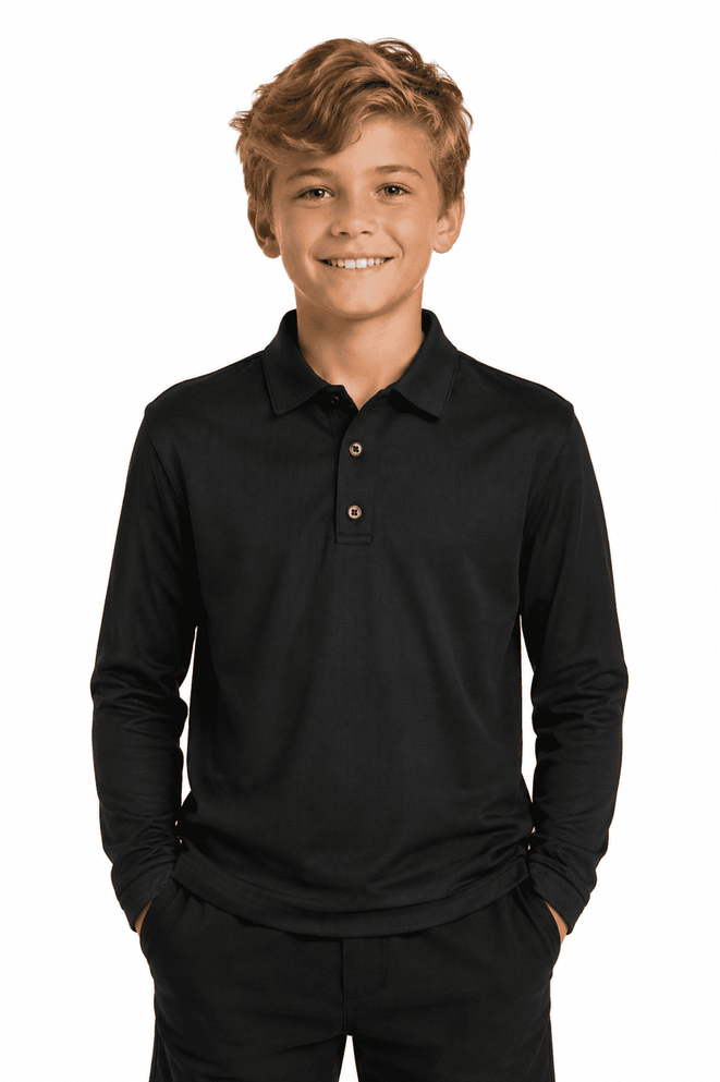 A black long-sleeve polo shirt for kids, featuring a collar and buttons, with a model smiling.