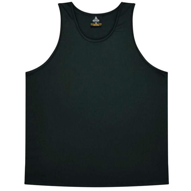 A dark green singlet top with a simple design and a logo on the interior label.