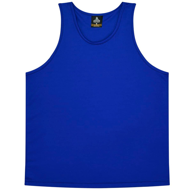 A blue singlet featuring a round neckline and sleeveless design. It includes a logo on the inside label.
