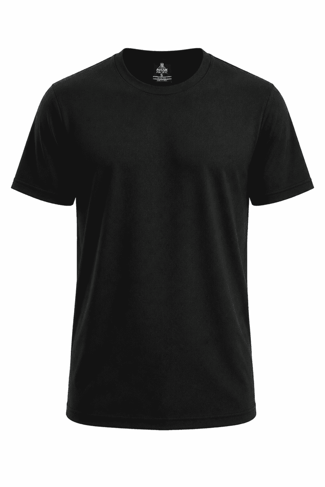 A black t-shirt featuring a classic crew neck design and short sleeves. It has a logo on the inside collar.