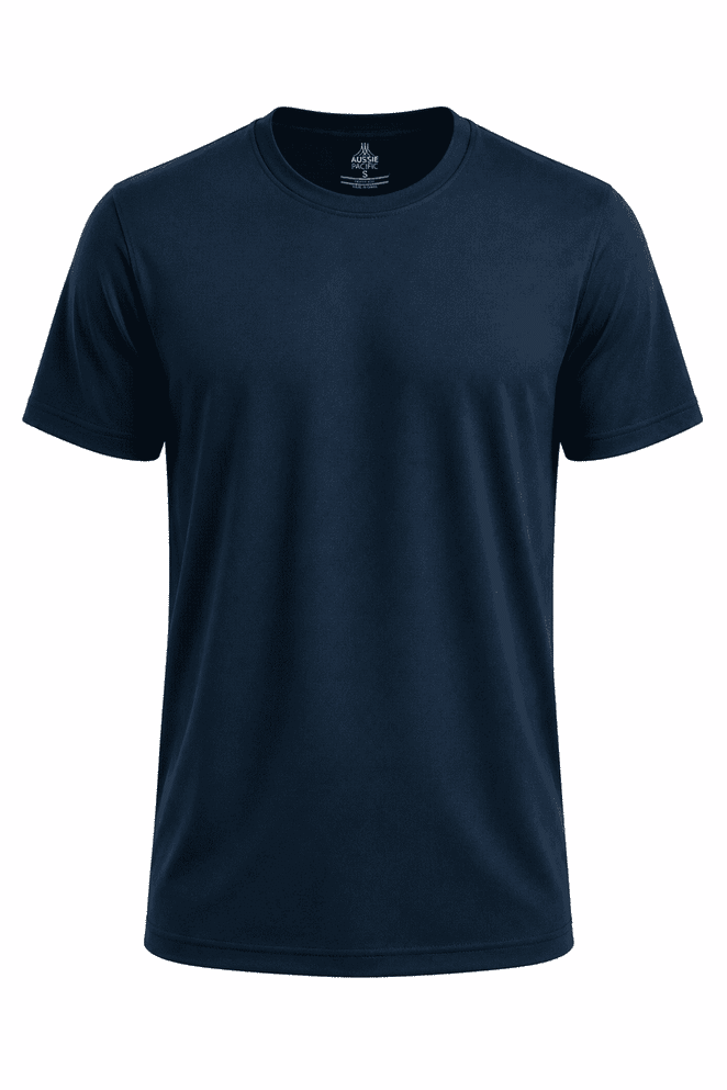A navy blue T-shirt with short sleeves and a logo on the front. Simple and casual design.