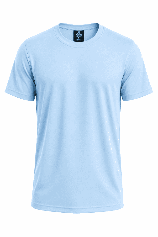 A light blue short-sleeve t-shirt featuring a branded label. The material appears smooth and lightweight.