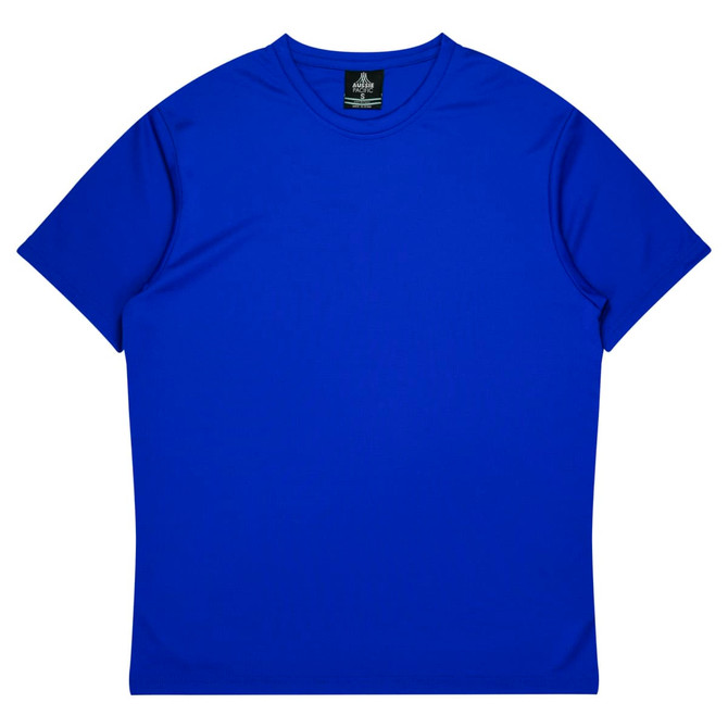 A blue t-shirt with short sleeves and a round neckline, featuring a brand logo.