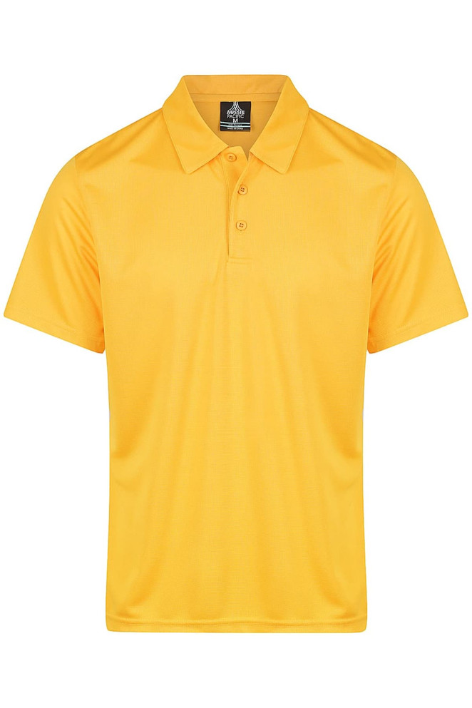 A bright yellow men's polo shirt with a collar and a logo on the chest.