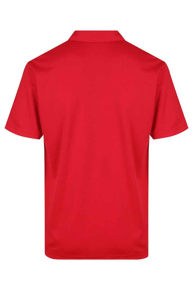 A red polo shirt featuring a collar and short sleeves, with a logo on the back.