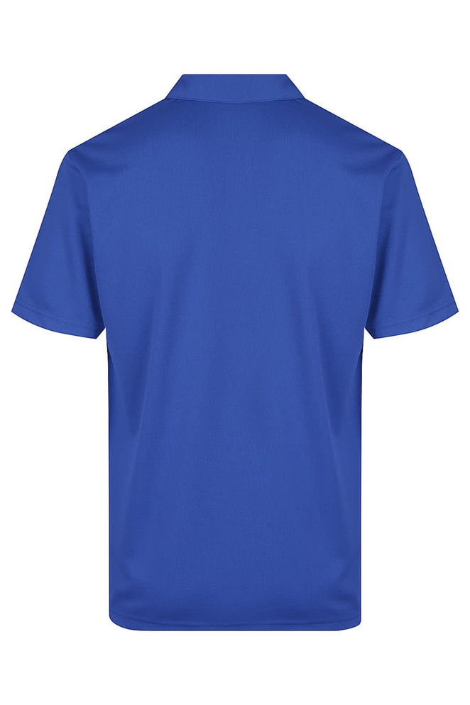 A blue men's polo shirt featuring a collar and short sleeves, with a logo on the design.