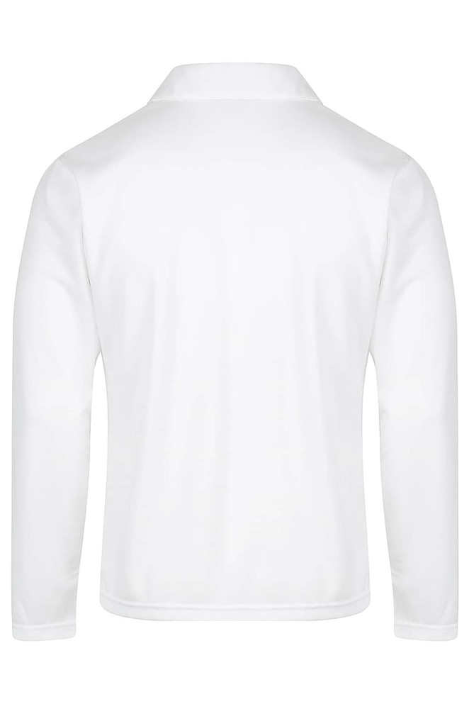 A white long-sleeve polo shirt featuring a collar and a plain back design. It has a logo on the side.