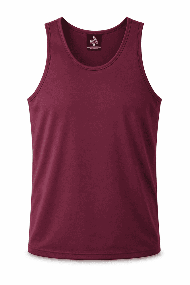 A maroon men's singlet featuring a plain design and a logo at the neckline.