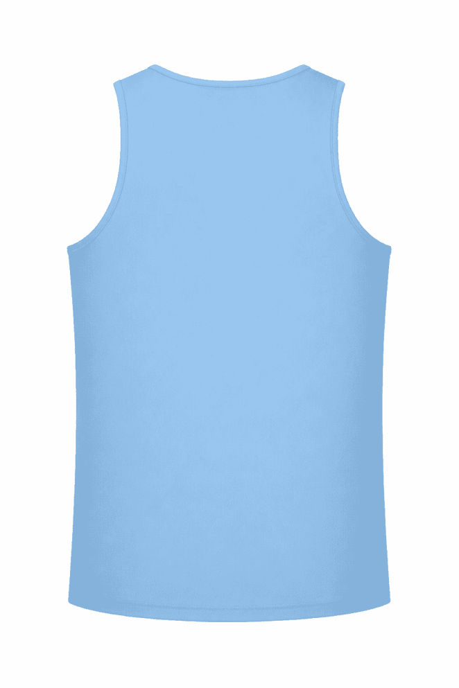 A light blue men's singlet featuring a logo on the back, designed for casual wear.