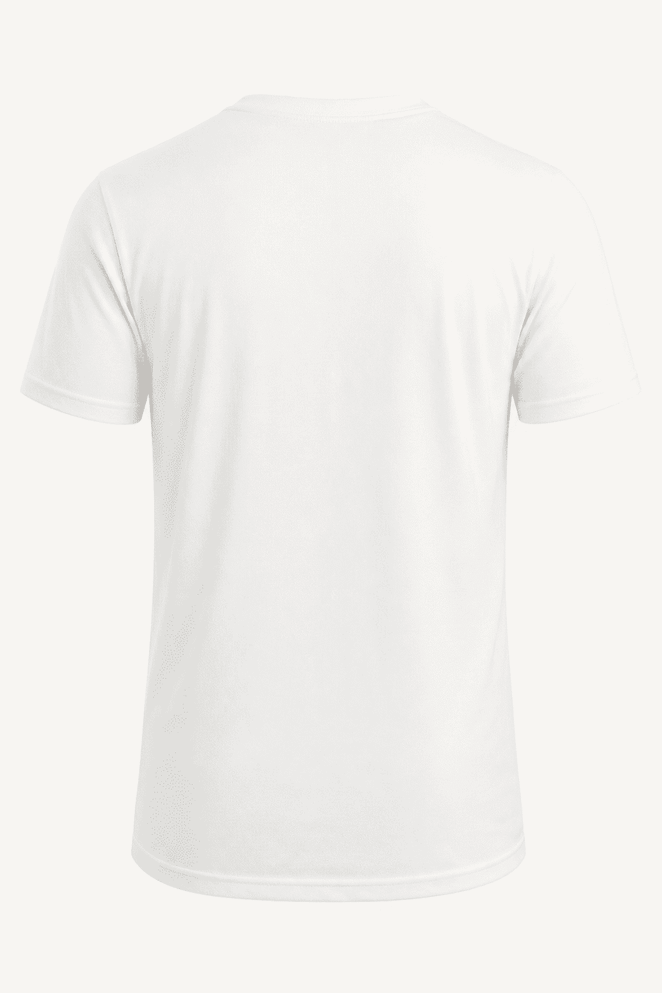 A white t-shirt with a simple design and no visible graphics or text. It features short sleeves and a round neckline.