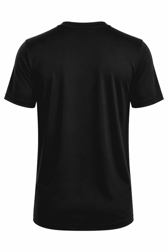 A black t-shirt with short sleeves and a simple design, featuring a subtle logo on the back.