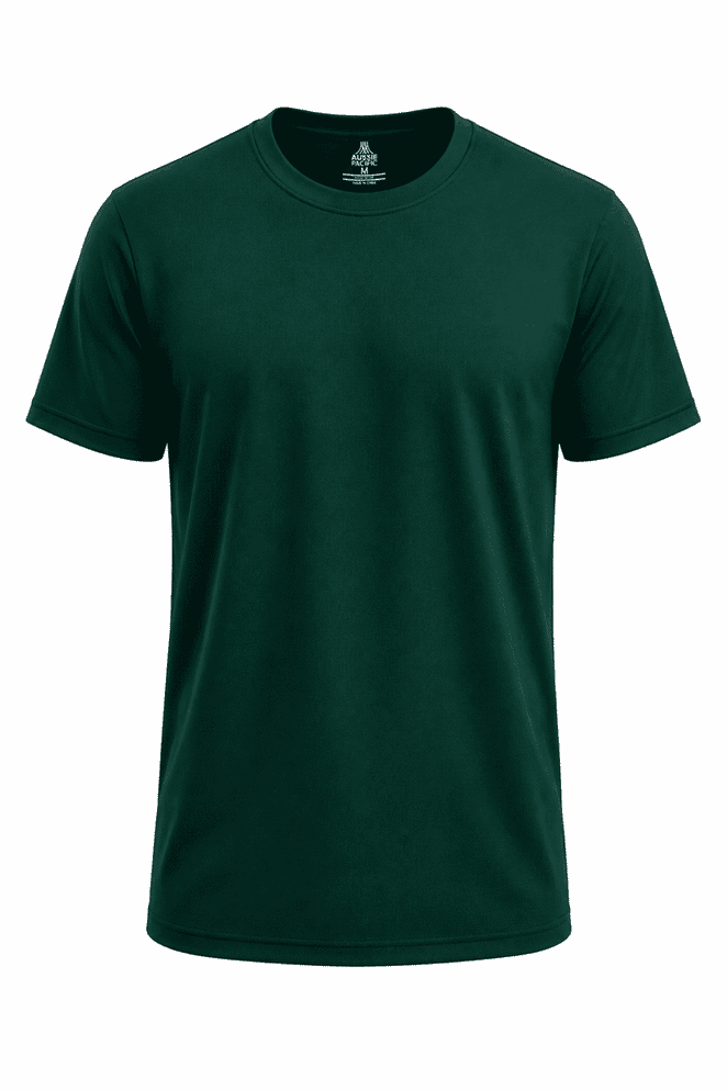 A dark green T-shirt with a crew neckline, featuring a logo on the chest area.