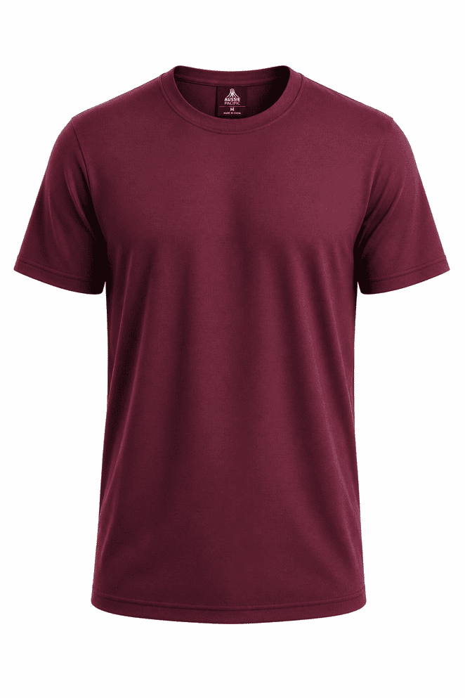 A maroon T-shirt with short sleeves and a round neckline, featuring a logo on the inside label.