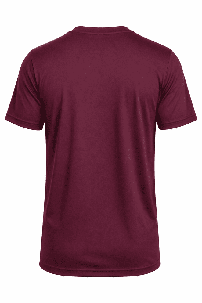 A maroon T-shirt displayed from the back, featuring a smooth fabric finish and no visible design elements.