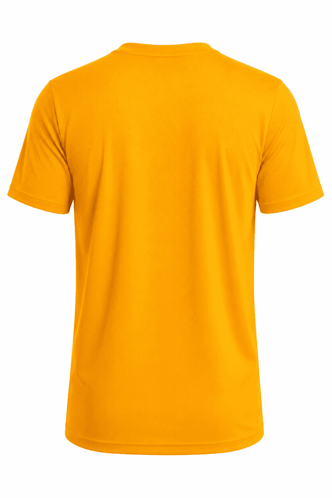 A vibrant yellow T-shirt featuring a plain design and short sleeves. It has a logo at the back.