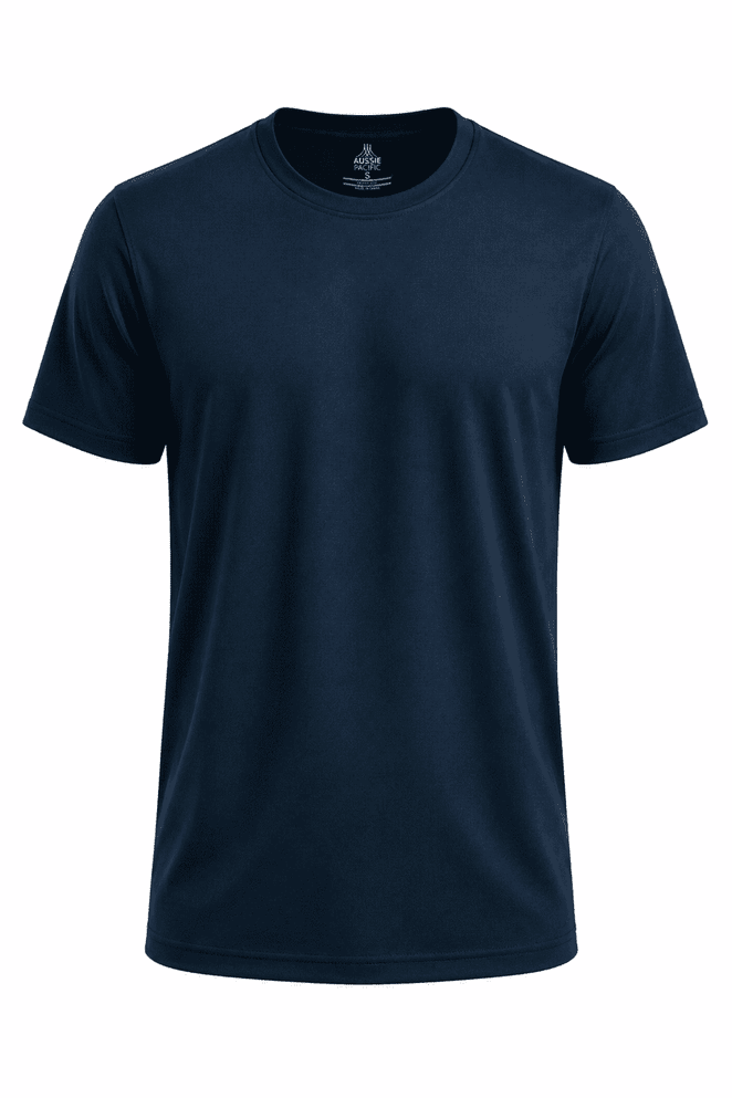 A navy blue t-shirt featuring short sleeves and a logo on the chest area.