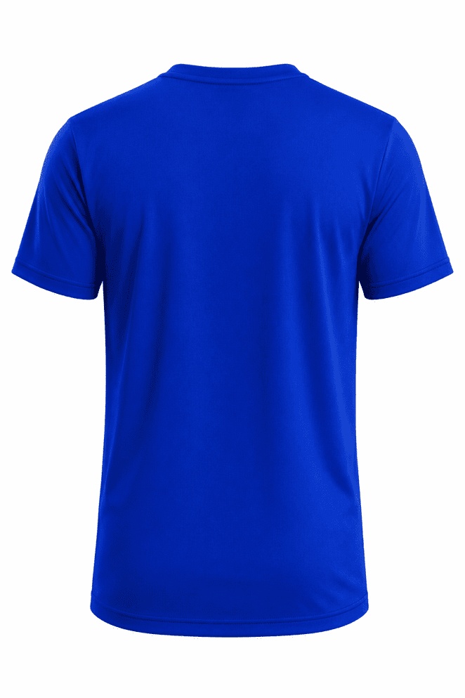 A bright blue t-shirt with a crew neck and short sleeves, featuring a branding logo on the back.