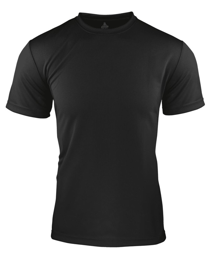 A black men's t-shirt with short sleeves and a smooth fabric texture, featuring a logo.