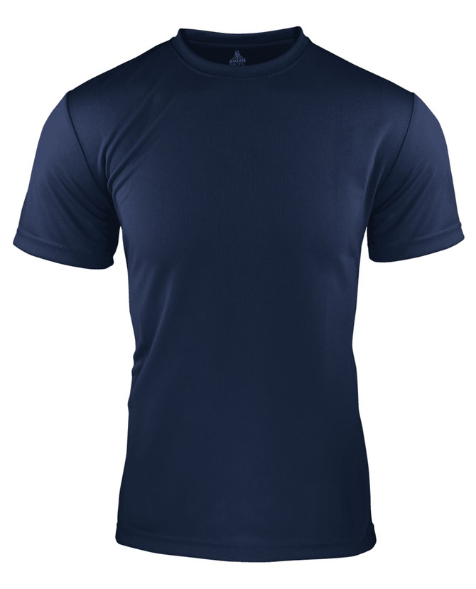 A navy blue men's t-shirt featuring short sleeves and a round neckline, with branding on the collar.