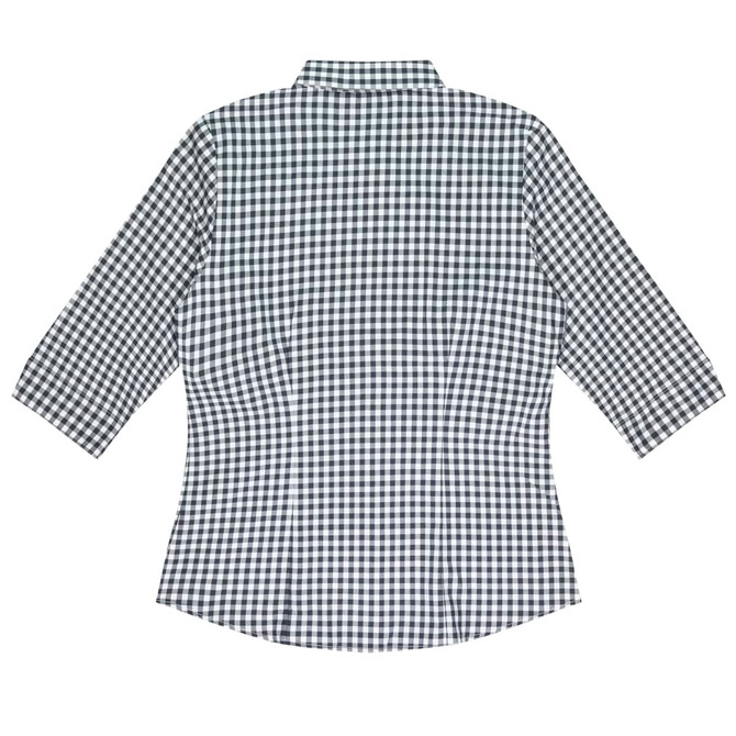 A button-up shirt in a black and white gingham pattern, featuring 3/4 sleeves and a collared neck.