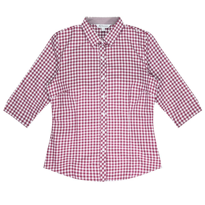 A button-up shirt featuring a burgundy and white check pattern with 3/4 sleeves. It has a collar and a branded label.