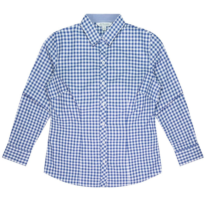 A blue and white checkered long sleeve button-up shirt, featuring a collar and a logo.