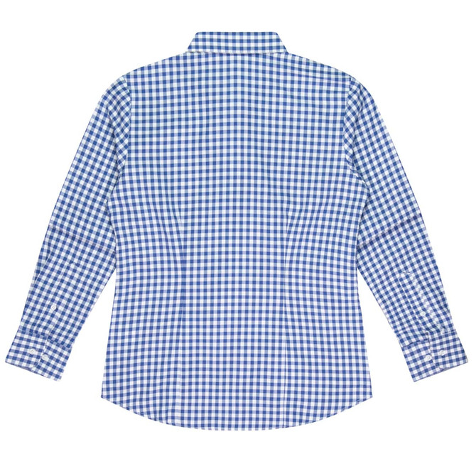 A long-sleeve button-up shirt in blue and white checked pattern, featuring a classic collar and a logo.