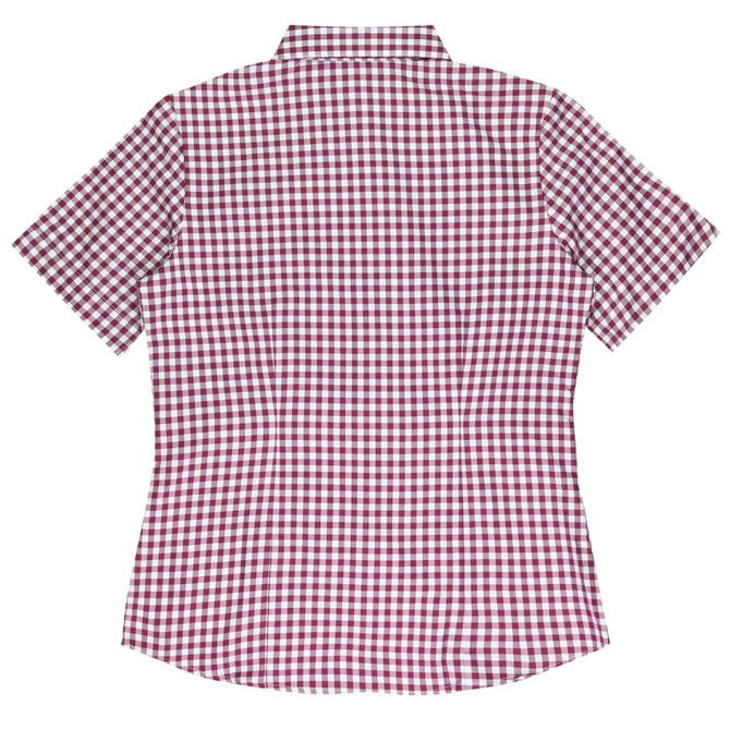 A short-sleeve button-up shirt in a red and white checkered pattern, featuring a collar and a fitted design.