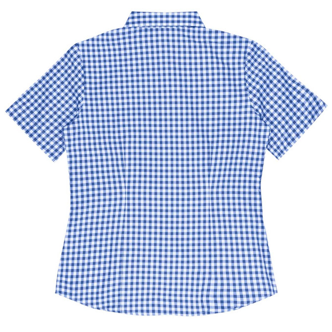 A short-sleeve button-up shirt in blue and white gingham pattern with a back view. Features a collar and has a logo.