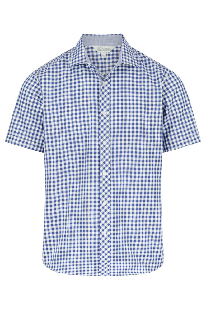 A short-sleeve button-up shirt in blue and white gingham pattern, featuring a collar and a logo.