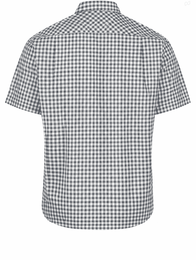 A short-sleeve button-up shirt in a black and white gingham pattern with a collar and a logo.