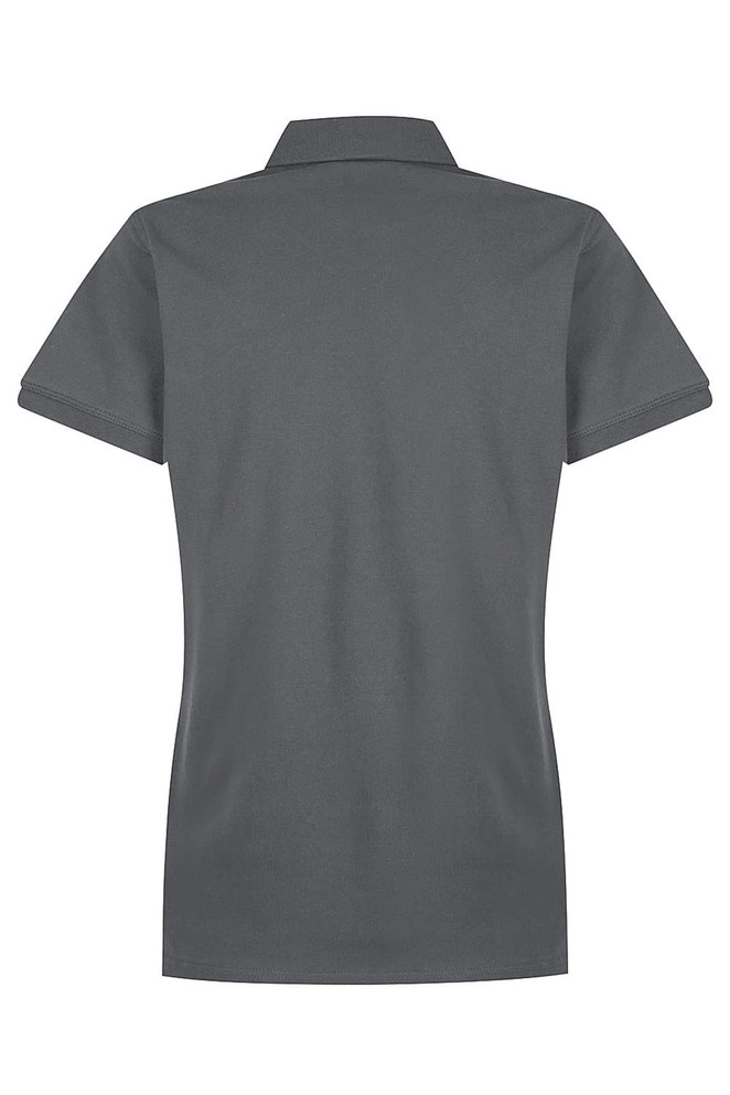 A grey women's polo shirt with a collar and short sleeves, featuring branding on the back.