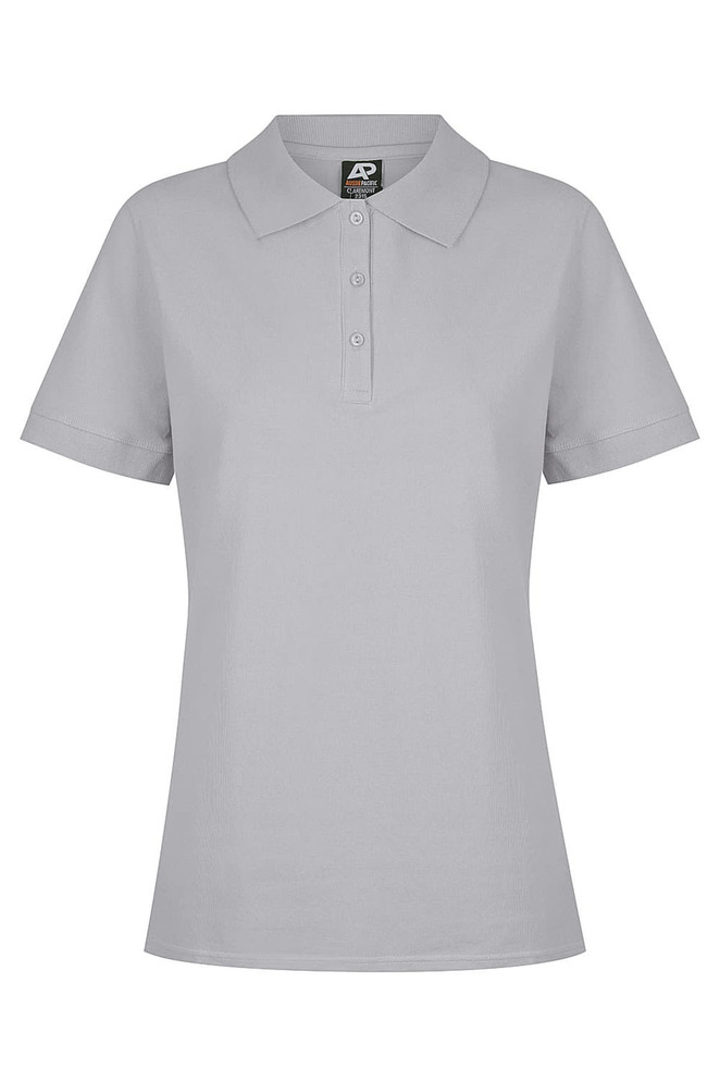 A grey polo shirt with a collar and three-button placket, featuring a logo on the label.